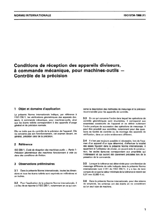 ISO 5734:1986 - Conditions de réception des appareils diviseurs, a commande mécanique, pour machines-outils -- Contrôle de la précision