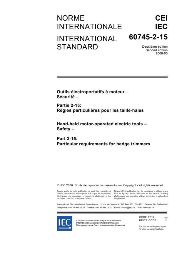 IEC 60745-2-15:2006 - Hand-held motor-operated electric tools - Safety - Part 2-15: Particular requirements for hedge trimmers