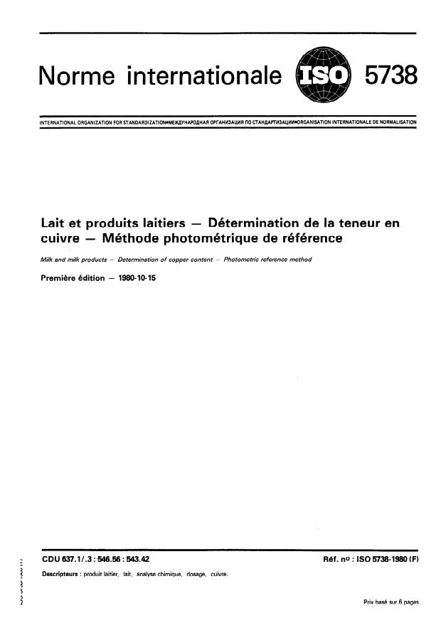 ISO 5738:1980 - Lait et produits laitiers -- Détermination de la teneur en cuivre -- Méthode photométrique de référence