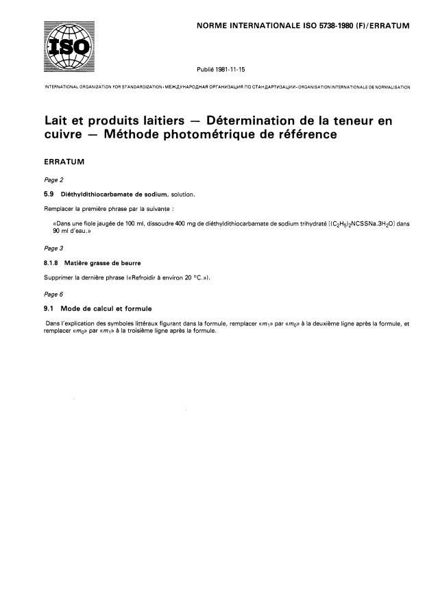 ISO 5738:1980 - Lait et produits laitiers -- Détermination de la teneur en cuivre -- Méthode photométrique de référence