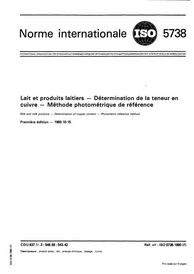 ISO 5738:1980 ISO 5738:1980 - Lait et produits laitiers -- Détermination de la teneur en cuivre -- Méthode photométrique de référence - Page 2 preview