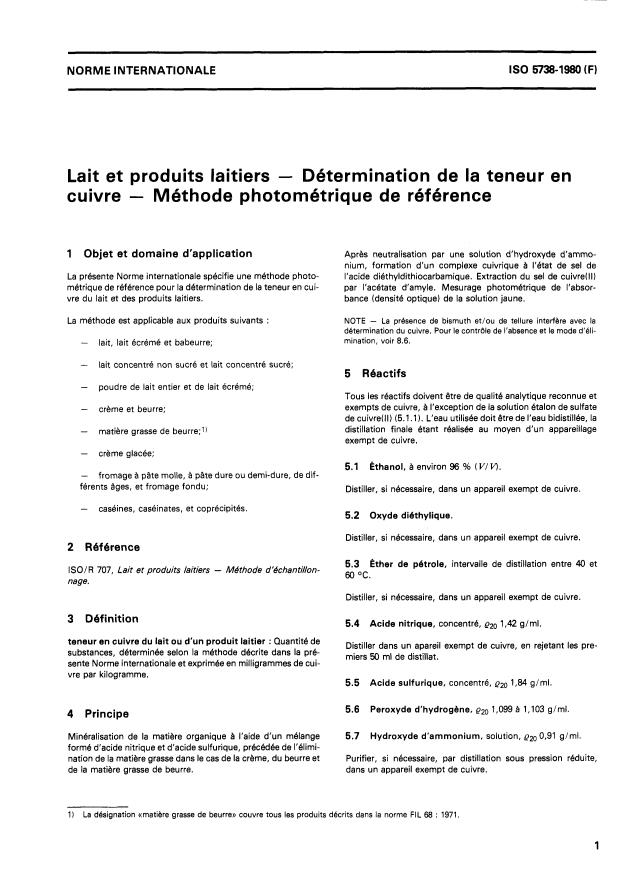 ISO 5738:1980 ISO 5738:1980 - Lait et produits laitiers -- Détermination de la teneur en cuivre -- Méthode photométrique de référence - Page 4 preview