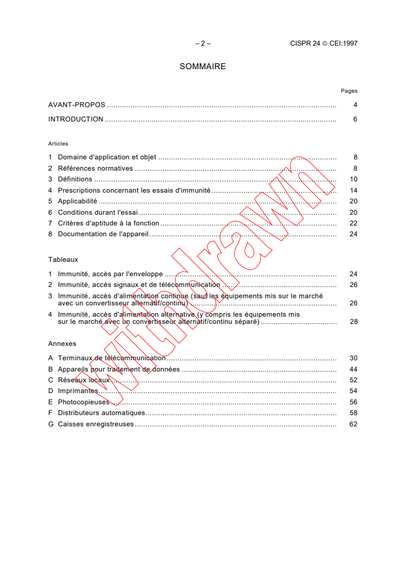CISPR 24:1997 CISPR 24:1997 - Information technology equipment - Immunity characteristics - Limits and methods of measurement
Released:9/5/1997
Isbn:2831839882 - Page 4 preview