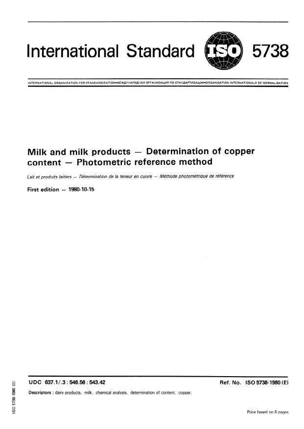 ISO 5738:1980 - Milk and milk products -- Determination of copper content -- Photometric reference method