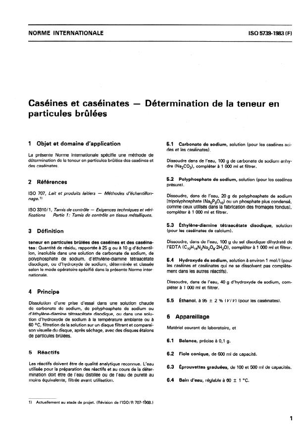 ISO 5739:1983 - Caséines et caséinates -- Détermination de la teneur en particules brulées