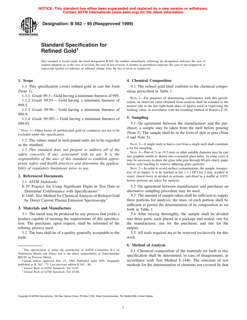 ASTM B562-95(1999) - Standard Specification for Refined Gold