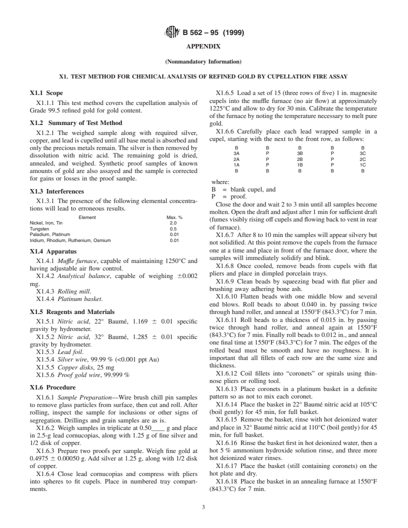 ASTM B562-95(1999) - Standard Specification for Refined Gold