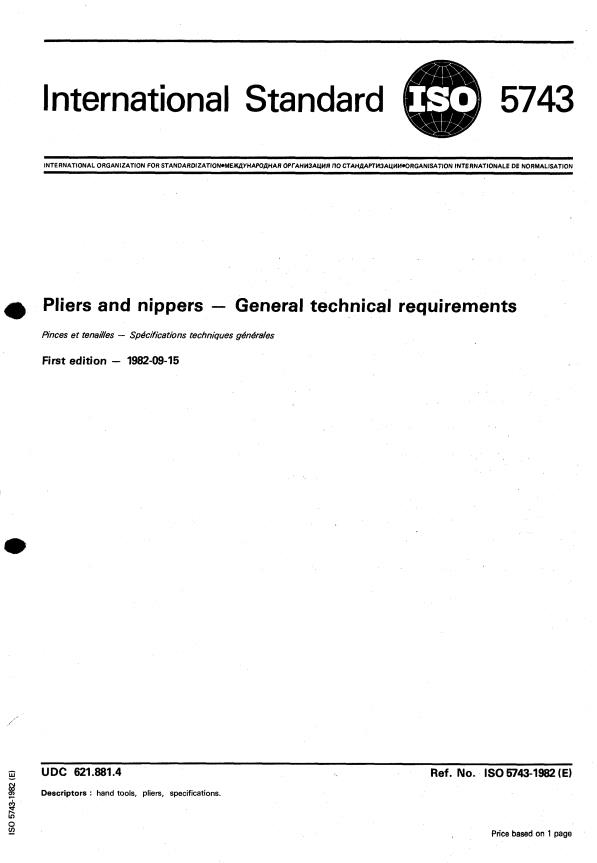 ISO 5743:1982 - Pliers and nippers -- General technical requirements