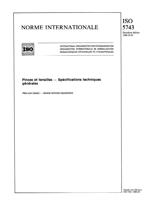 ISO 5743:1988 - Pinces et tenailles -- Spécifications techniques générales