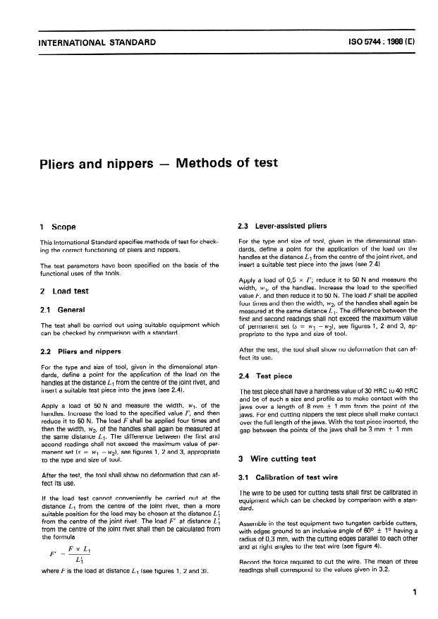 ISO 5744:1988 - Pliers and nippers -- Methods of test