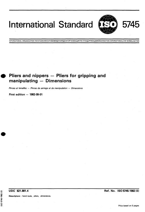 ISO 5745:1982 - Pliers and nippers -- Pliers for gripping and manipulating -- Dimensions
