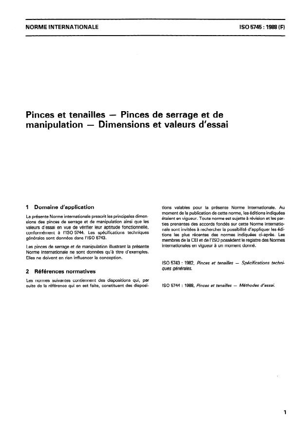 ISO 5745:1988 - Pinces et tenailles -- Pinces de serrage et de manipulation -- Dimensions et valeurs d'essai