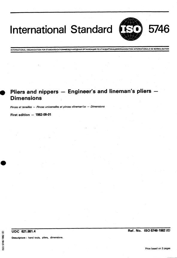 ISO 5746:1982 - Pliers and nippers -- Engineer's and lineman's pliers -- Dimensions