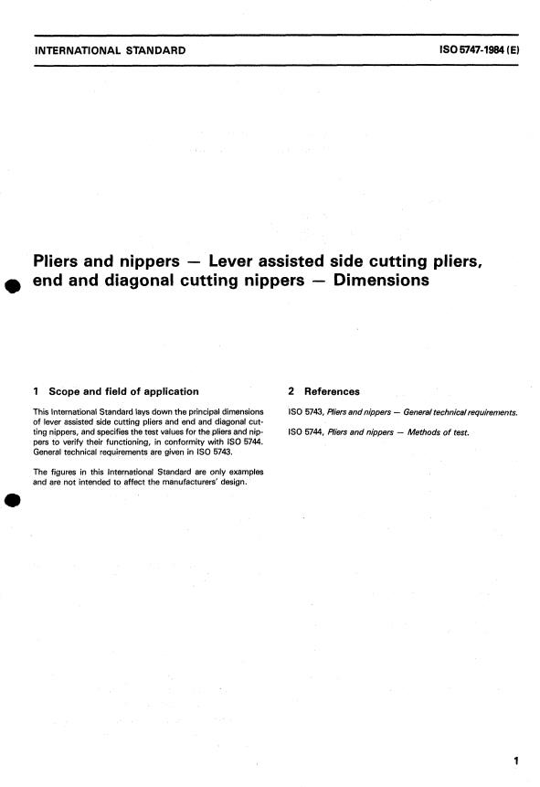 ISO 5747:1984 - Pliers and nippers -- Lever assisted side cutting pliers, end and diagonal cutting nippers -- Dimensions
