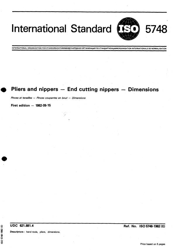 ISO 5748:1982 - Pliers and nippers -- End cutting nippers -- Dimensions