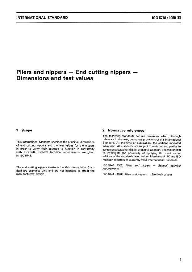 ISO 5748:1988 - Pliers and nippers -- End cutting nippers -- Dimensions and test values