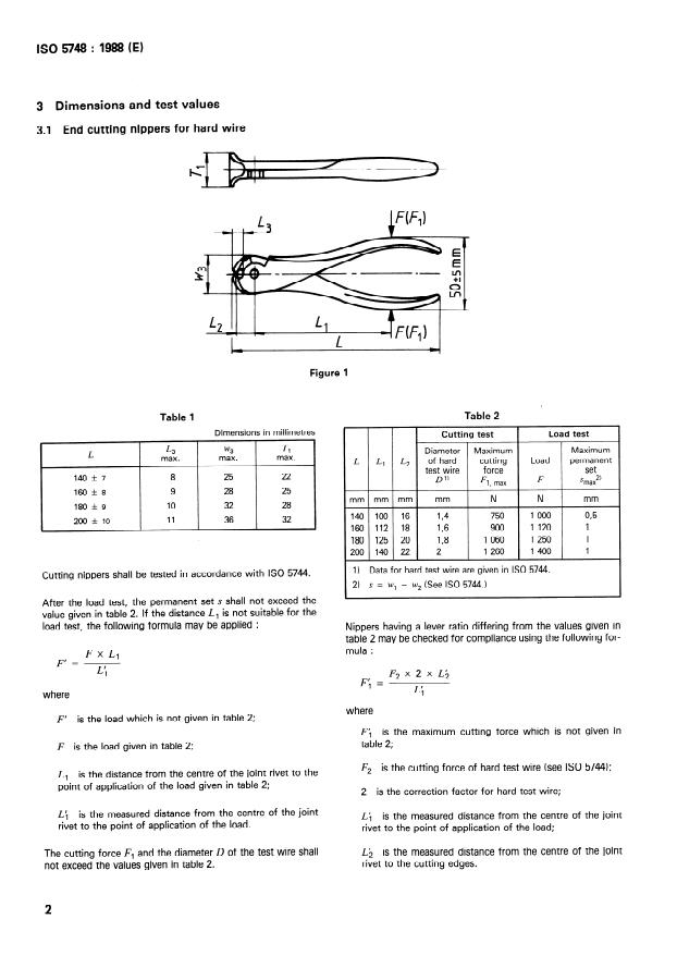 ISO 5748:1988 ISO 5748:1988 - Pliers and nippers -- End cutting nippers -- Dimensions and test values - Page 4 preview