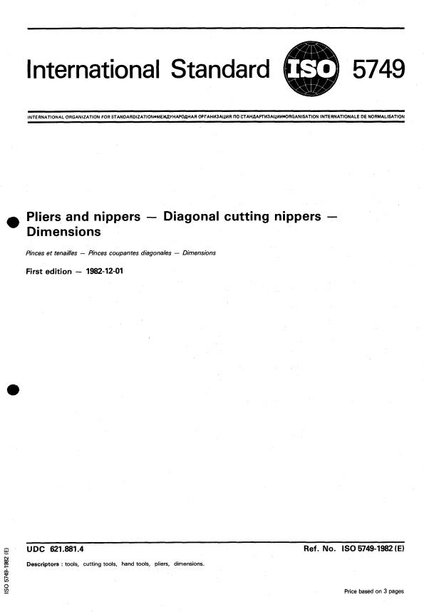 ISO 5749:1982 - Pliers and nippers -- Diagonal cutting nippers -- Dimensions