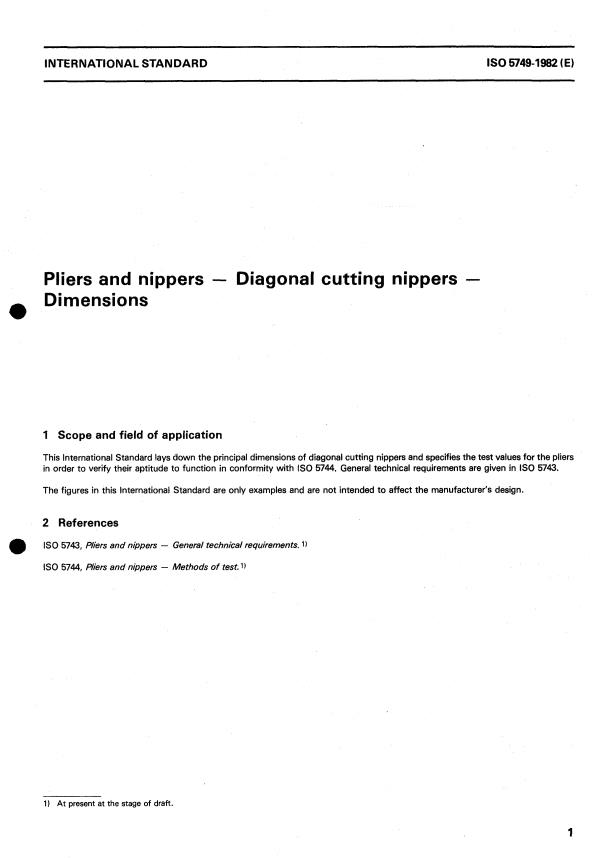 ISO 5749:1982 - Pliers and nippers -- Diagonal cutting nippers -- Dimensions