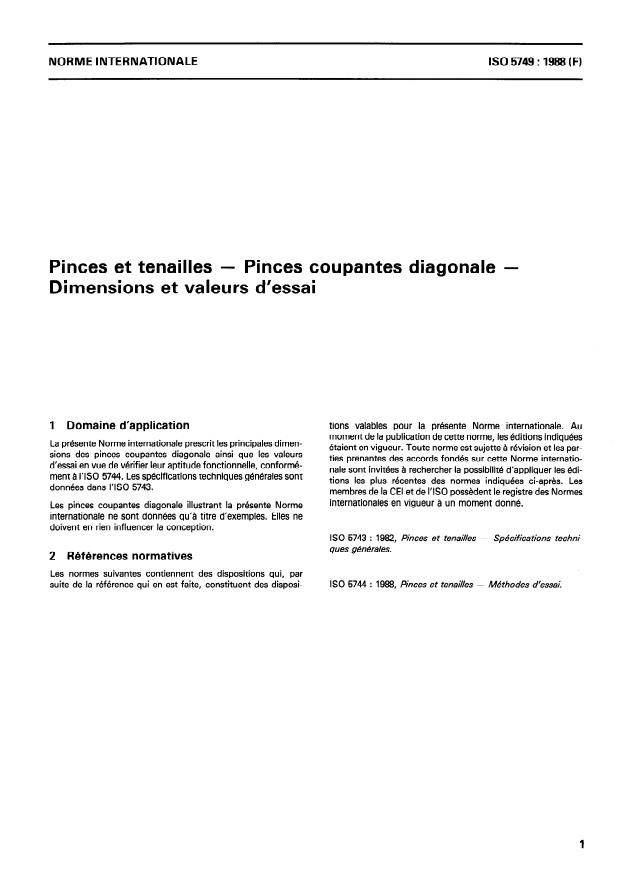 ISO 5749:1988 - Pinces et tenailles -- Pinces coupantes diagonale -- Dimensions et valeurs d'essai
