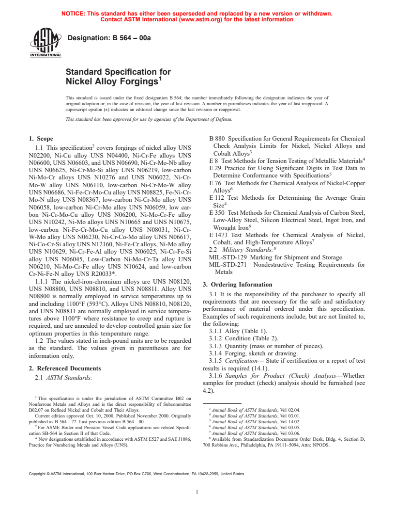 ASTM B564-00a - Standard Specification for Nickel Alloy Forgings