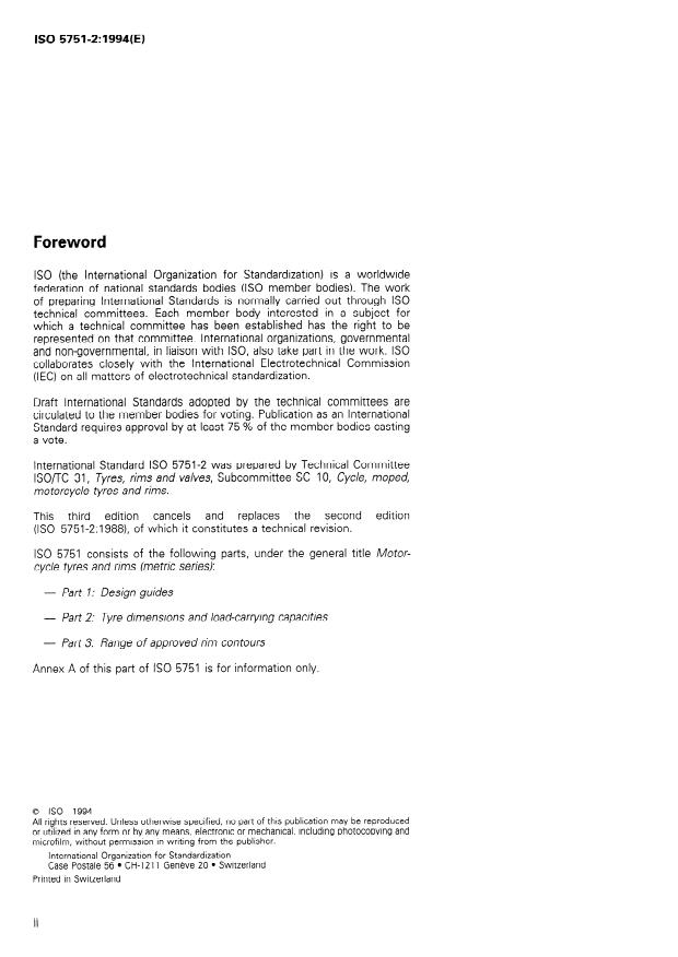 ISO 5751-2:1994 ISO 5751-2:1994 - Motorcycle tyres and rims (metric series) - Page 2 preview