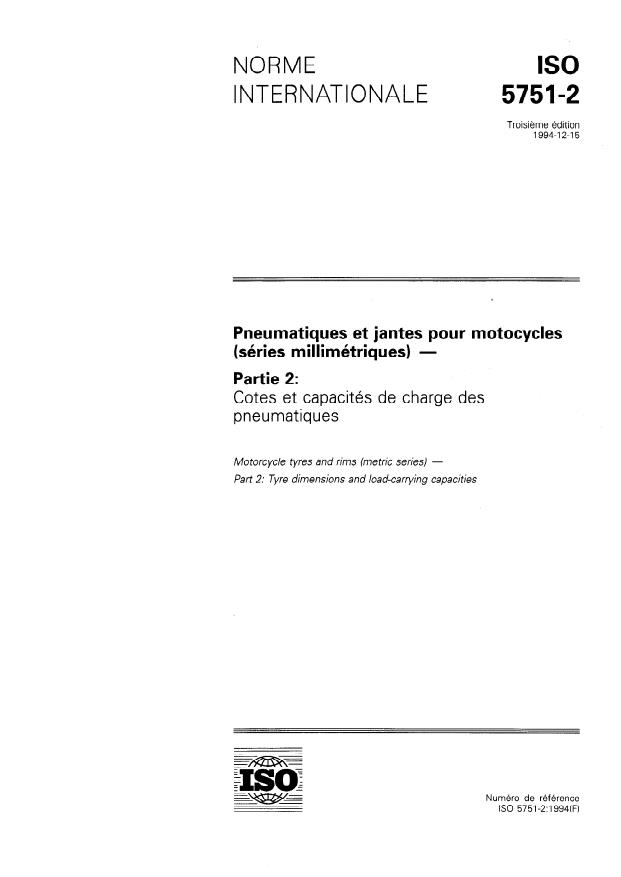 ISO 5751-2:1994 - Pneumatiques et jantes pour motocycles (séries millimétriques)