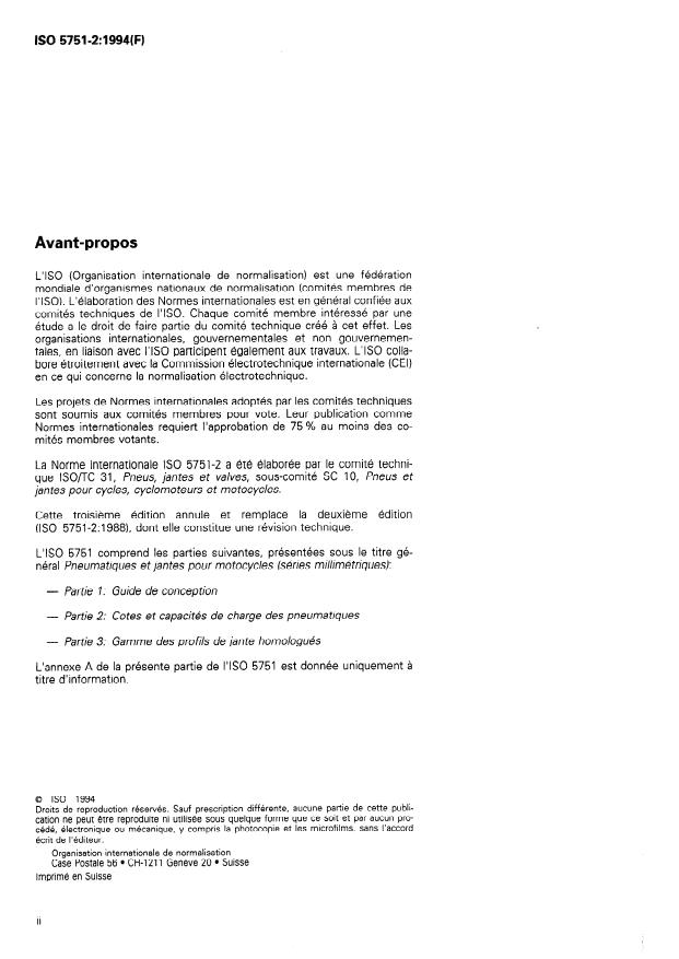 ISO 5751-2:1994 ISO 5751-2:1994 - Pneumatiques et jantes pour motocycles (séries millimétriques) - Page 2 preview