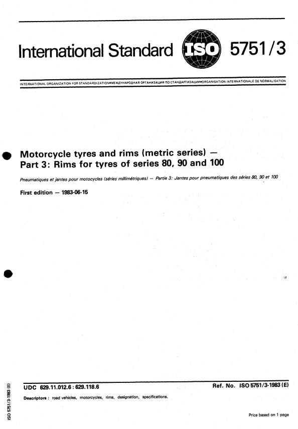 ISO 5751-3:1983 - Motorcycle tyres and rims (metric series)