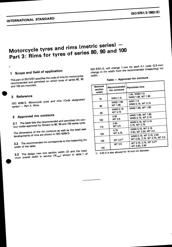 ISO 5751-3:1983 - Motorcycle tyres and rims (metric series)