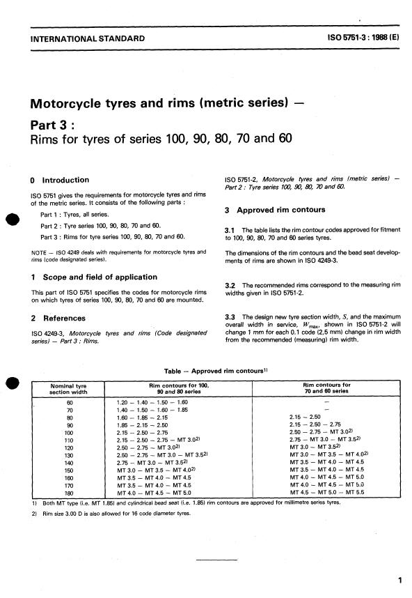 ISO 5751-3:1988 - Motorcycle tyres and rims (metric series)