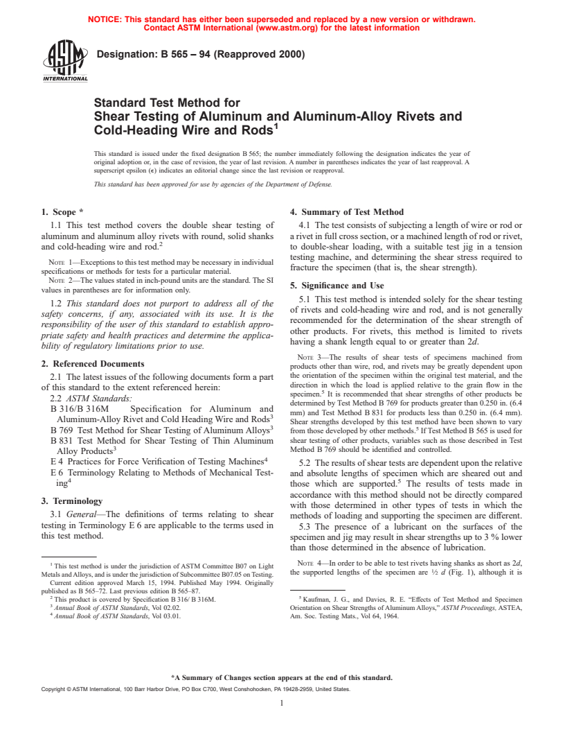 ASTM B565-94(2000) - Standard Test Method for Shear Testing of Aluminum and Aluminum-Alloy Rivets and Cold-Heading Wire and Rods