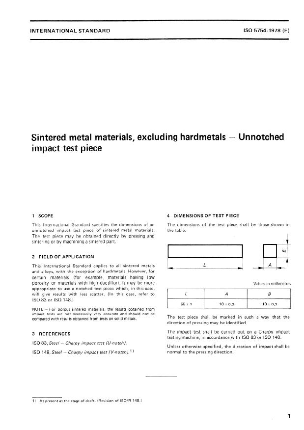 ISO 5754:1978 - Sintered metal materials, excluding hardmetals -- Unnotched impact test piece