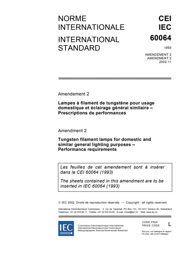 IEC 60064:1993/AMD2:2002 - Amendment 2 - Tungsten filament lamps for domestic and similar general lighting purposes - Performance requirements