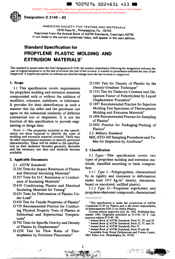 ASTM D2146-82 - Specification for Propylene Plastic Molding and Extrusion Materials (Withdrawn 1985)