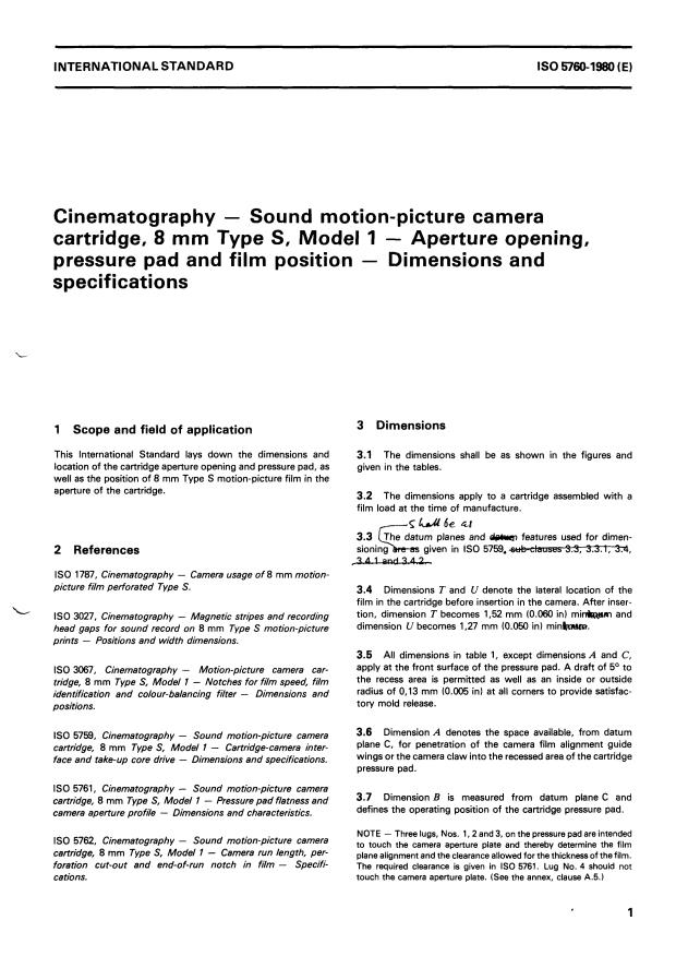 ISO 5760:1980 - Cinematography -- Sound motion-picture camera cartridge, 8 mm Type S, Model 1 -- Aperture opening, pressure pad and film position -- Dimensions and specifications