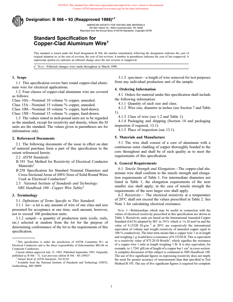 ASTM B566-93(1998)e1 - Standard Specification for Copper-Clad Aluminum Wire