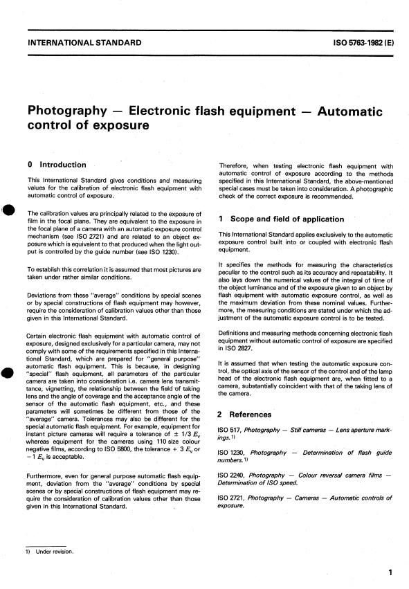 ISO 5763:1982 - Photography -- Electronic flash equipment -- Automatic control of exposure
