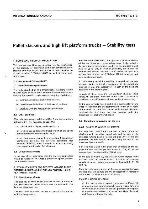 ISO 5766:1978 - Pallet stackers and high lift platform trucks -- Stability tests