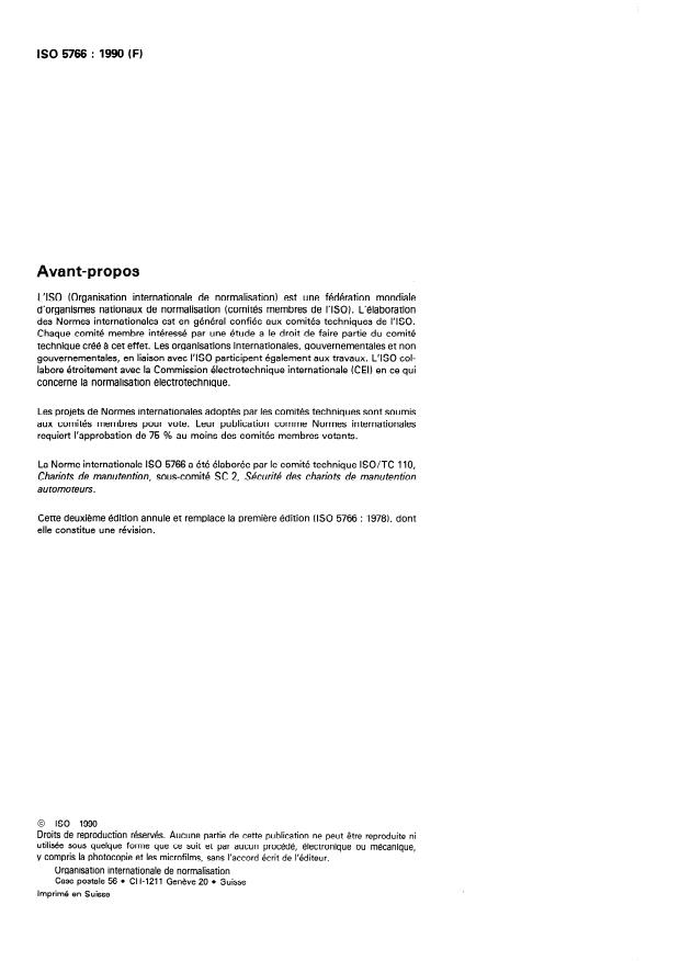 ISO 5766:1990 ISO 5766:1990 - Chariots a fourche recouvrante et chariots a plate-forme a grande levée -- Essais de stabilité - Page 2 preview