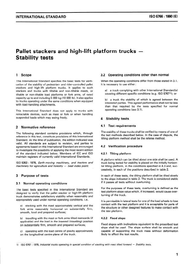 ISO 5766:1990 - Pallet stackers and high-lift platform trucks -- Stability tests