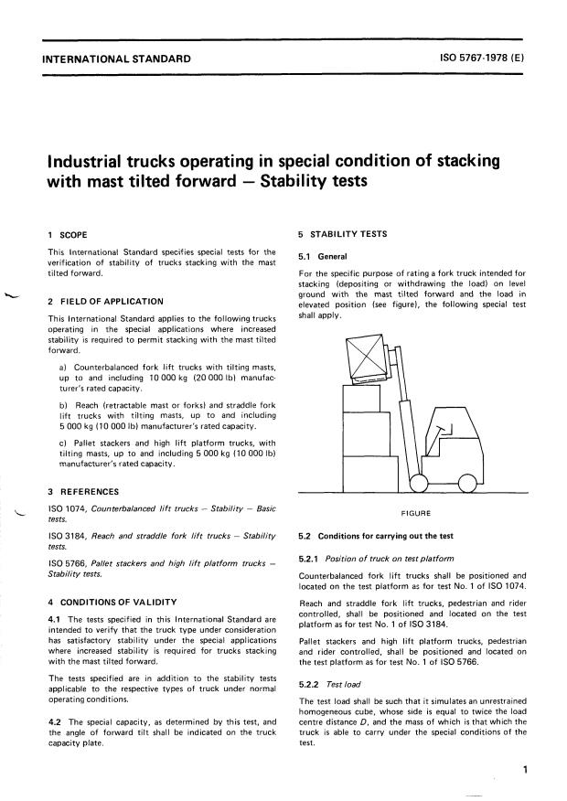 ISO 5767:1978 - Industrial trucks operating in special condition of stacking with mast tilted forward -- Stability tests