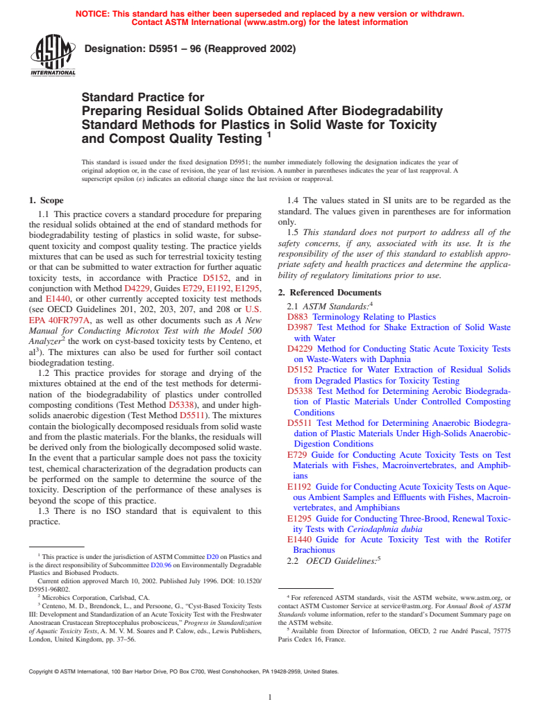 ASTM D5951-96(2002) - Standard Practice for Preparing Residual Solids Obtained After Biodegradability Standard Methods for Plastics in Solid Waste for Toxicity and Compost Quality Testing (Withdrawn 2011)