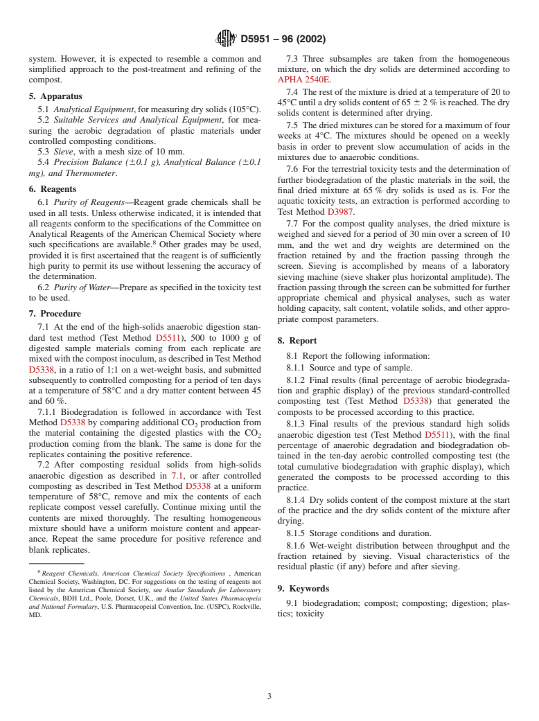 ASTM D5951-96(2002) - Standard Practice for Preparing Residual Solids Obtained After Biodegradability Standard Methods for Plastics in Solid Waste for Toxicity and Compost Quality Testing (Withdrawn 2011)