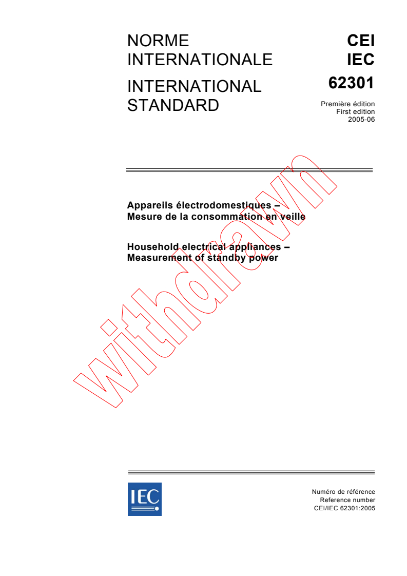 IEC 62301:2005 - Household electrical appliances - Measurement of standby power
Released:6/13/2005
Isbn:2831879752