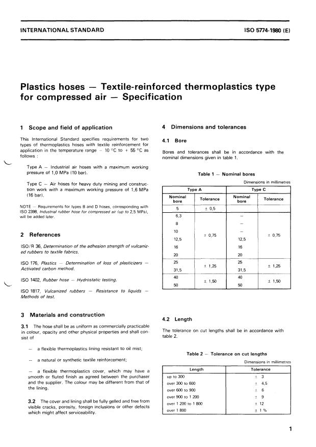 ISO 5774:1980 - Plastics hoses -- Textile-reinforced thermoplastics type for compressed air -- Specification