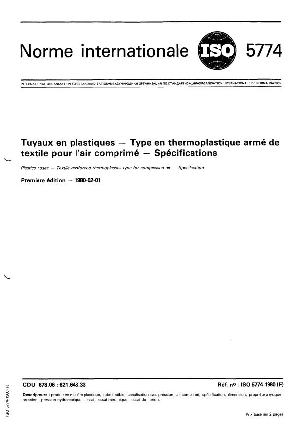 ISO 5774:1980 - Tuyaux en plastiques -- Type en thermoplastique armé de textile pour l'air comprimé -- Spécifications