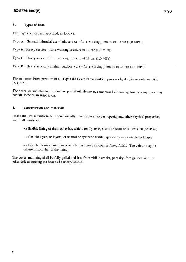 ISO 5774:1997 ISO 5774:1997 - Plastics hoses -- Textile-reinforced types for compressed-air applications -- Specification - Page 4 preview