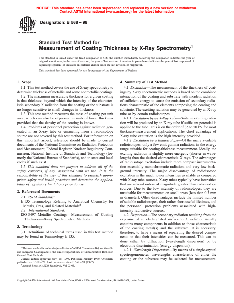 ASTM B568-98 - Standard Test Method for Measurement of Coating Thickness by X-Ray Spectrometry