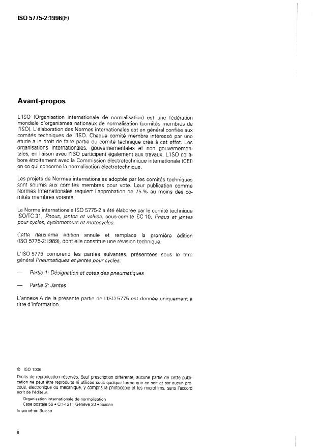ISO 5775-2:1996 ISO 5775-2:1996 - Pneumatiques et jantes pour cycles - Page 2 preview